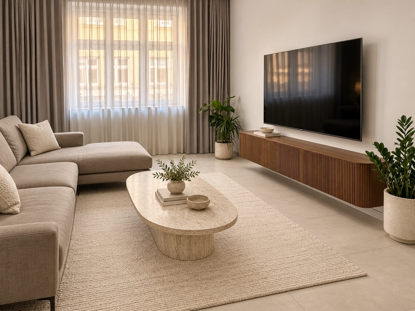 Návrh obývacího pokoje s čalouněnou sedačkou a ořechovou TV komodou